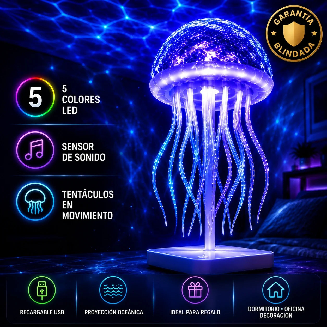 Lámpara Medusa LED Recargable 7 Colores con Tentáculos Bailarines