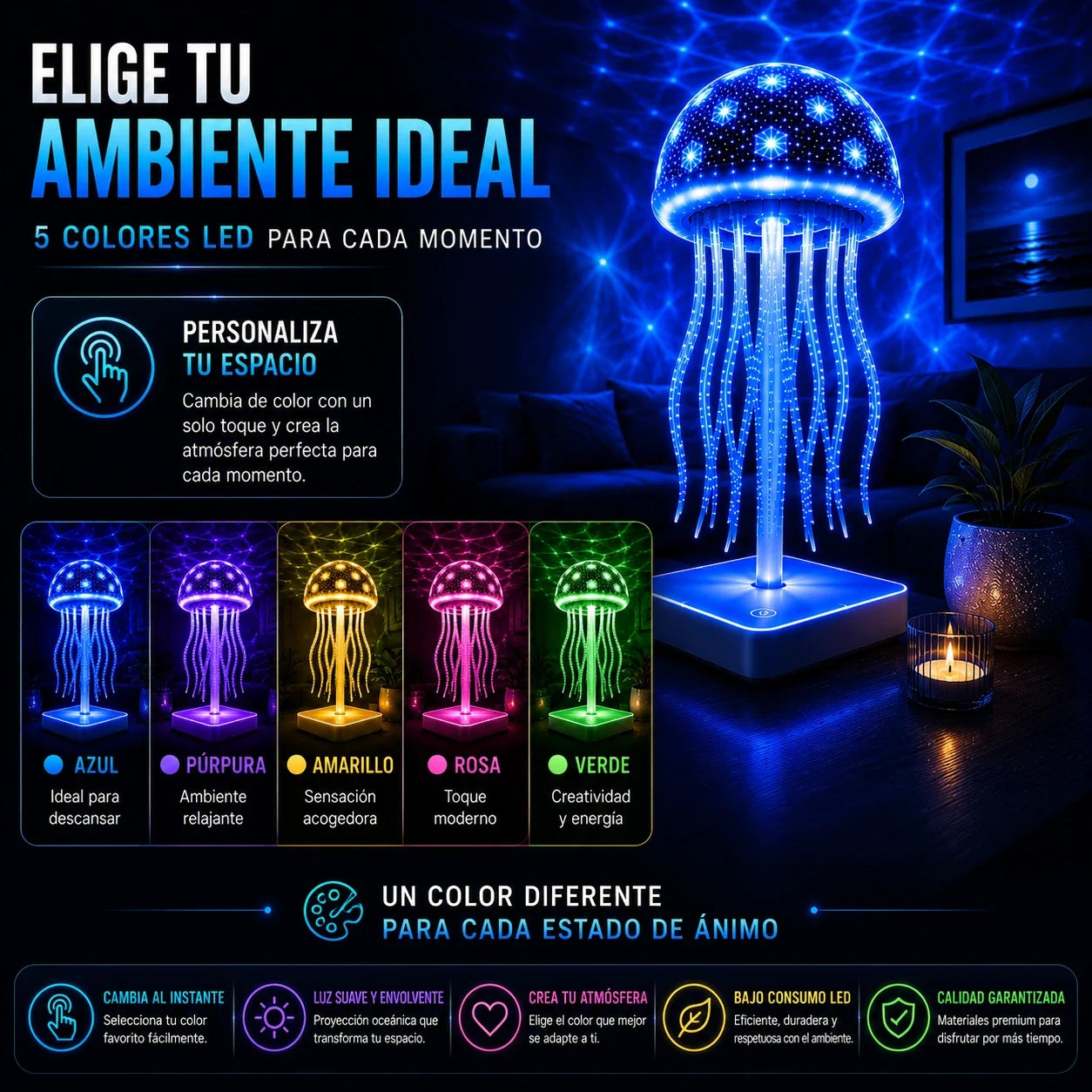 Lámpara Medusa LED Recargable 7 Colores con Tentáculos Bailarines