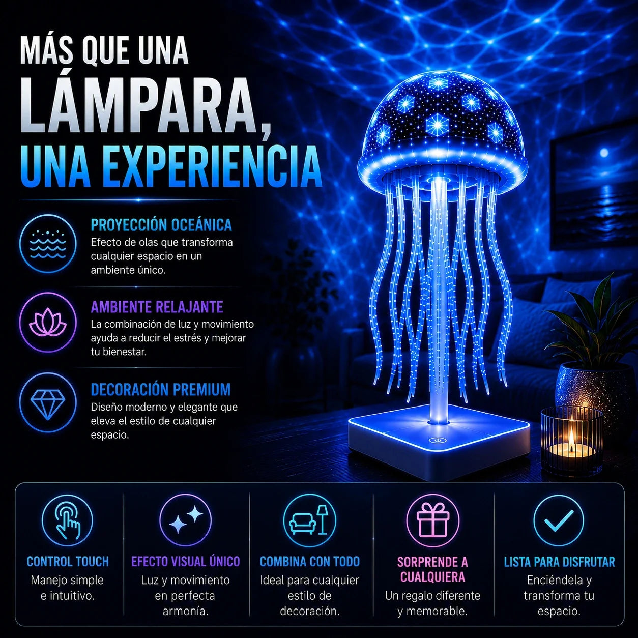 Lámpara Medusa LED Recargable 7 Colores con Tentáculos Bailarines