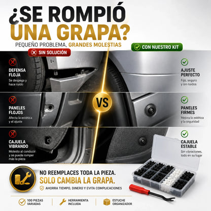 Paquete Completo 100 Clips y Pernos para Auto + Llave para Gato + Llave Especial Saca Pernos, Cualquier Modelo y Año