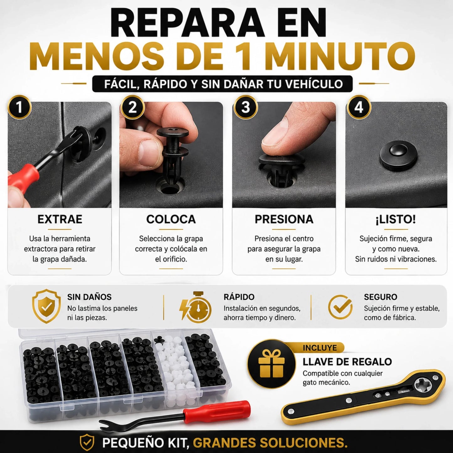 Paquete Completo 100 Clips y Pernos para Auto + Llave para Gato + Llave Especial Saca Pernos, Cualquier Modelo y Año