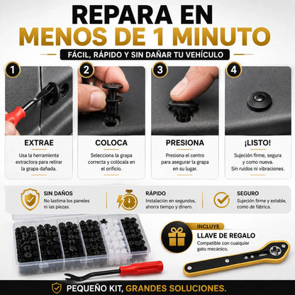 Paquete Completo 100 Clips y Pernos para Auto + Llave para Gato + Llave Especial Saca Pernos, Cualquier Modelo y Año