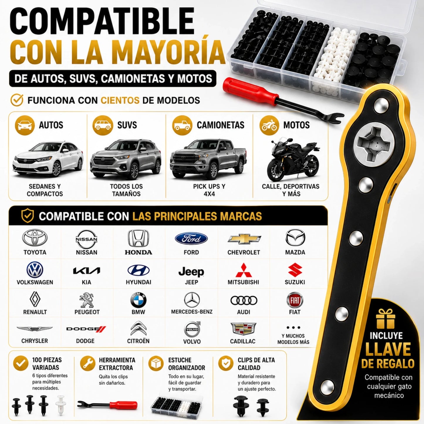 Paquete Completo 100 Clips y Pernos para Auto + Llave para Gato + Llave Especial Saca Pernos, Cualquier Modelo y Año