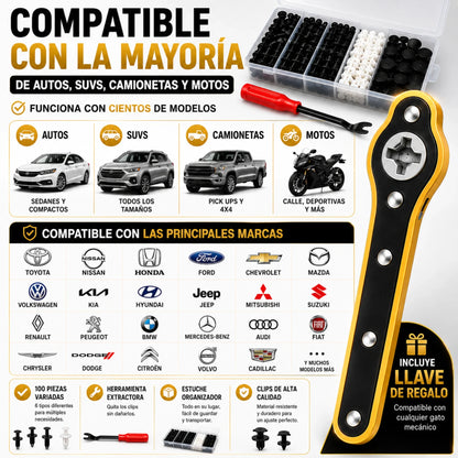 Paquete Completo 100 Clips y Pernos para Auto + Llave para Gato + Llave Especial Saca Pernos, Cualquier Modelo y Año