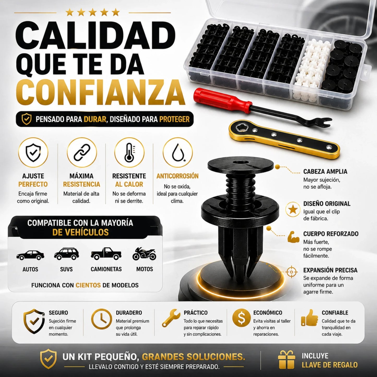 Paquete Completo 100 Clips y Pernos para Auto + Llave para Gato + Llave Especial Saca Pernos, Cualquier Modelo y Año