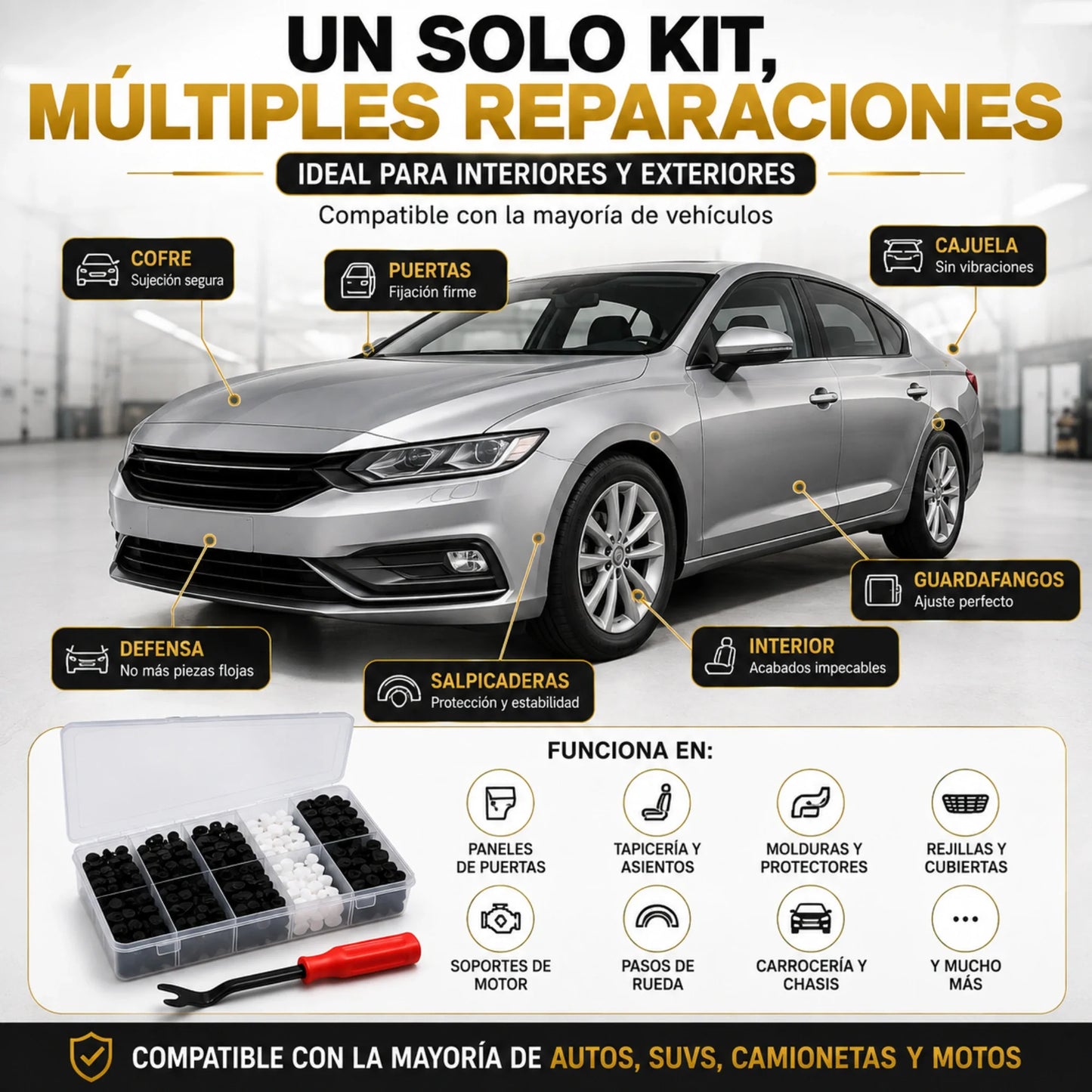 Paquete Completo 100 Clips y Pernos para Auto + Llave para Gato + Llave Especial Saca Pernos, Cualquier Modelo y Año