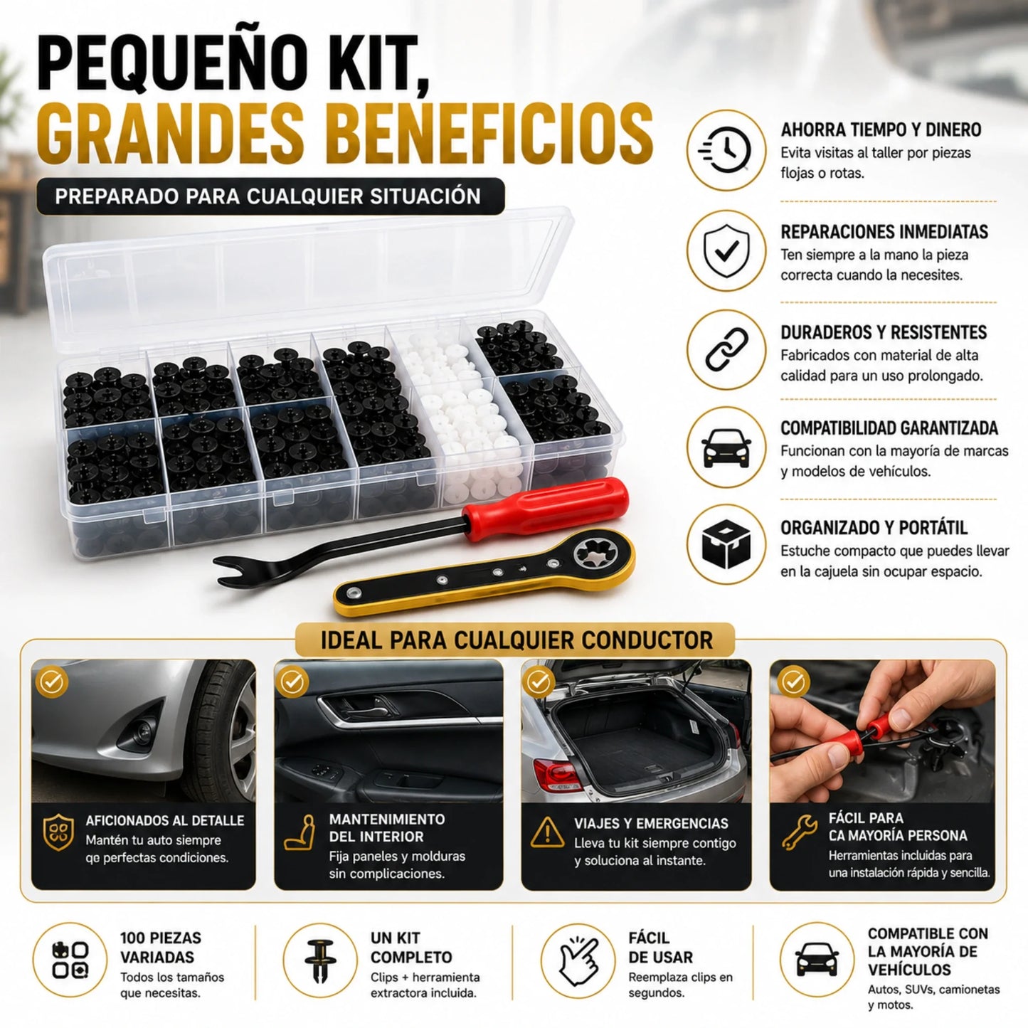 Paquete Completo 100 Clips y Pernos para Auto + Llave para Gato + Llave Especial Saca Pernos, Cualquier Modelo y Año