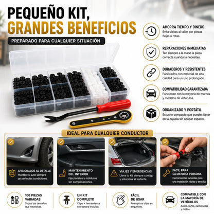 Paquete Completo 100 Clips y Pernos para Auto + Llave para Gato + Llave Especial Saca Pernos, Cualquier Modelo y Año